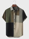 Mens Color Block Patchwork Lapel Casual Short Sleeve Shirts - Dark Gray