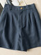 Solid Ruched Pocket Button Elastic Waist Casual Cotton Shorts - Navy