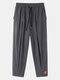 Mens Linen Solid Color Loose Pleated Drawstring Mid Harm Pants - Dark Gray