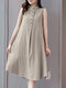 Solid Stand Collar Button Sleeveless Dress For Women - Khaki