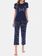 Plus Size Women Letter Cartoon Print Comfy Short Sleeve Pajama Sets - Navy