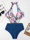 Women  Swimwear Floral Print Patchwork Plunge Halter Open Back One-Piece - Blue