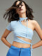 Solid Irregular Cut Out Knotted Sexy Crop Top - Blue