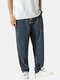 Mens Corduroy Solid Color Drawstring Waist Casual Elastic Ankle Pants - Navy