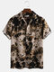 Men 100% Cotton Tie-Dye Print Casual Loose Lapel Short Sleeve Shirt - Brown