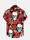 Mens All Over Rose Skull Print Funny Short Sleeve Shirts - Red
