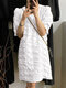 Vestido casual manga bufante texturizado decote careca sólido - Branco