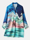 Landscape Lapel Long Sleeve Casual Print Dress For Women - Blue