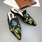 Women Lazy Muller Vintage Suede Flowers Embroidery Flats Slippers - Blue