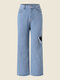 Solid tasca strappata vita alta gamba dritta denim Jeans - blu