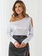Solid Glitter Long Sleeve Off Shoulder T-shirt For Women - Silver