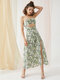 Floral Print Cut Out Open Back Slit Midi Dress - Green
