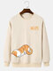 Mens Cartoon Cat Letter Print Crew Neck Pullover Sweatshirts - Apricot