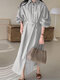 Solid Puff Sleeves Lapel Button Down Shirt Dress With Belt - Gray
