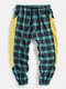 Mens 100% Cotton Check Side Patchwork Casual Drawstring Jogger Pants - Green