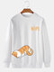 Mens Cartoon Cat Letter Print Crew Neck Pullover Sweatshirts - White