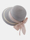 Women Straw Woven Striped Bowknot Silk Scarf Decoration Notch Elegant Casual Straw Hats - Gray