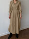 Solid Color Long Sleeve Lapel Collar Knotted Dress For Women - Khaki