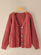 Solid Color Cable Knitted Button Casual Comfy Cardigan - Red