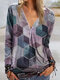 Geometric Printed Long Sleeve V-neck Zip Front Blouse For Women - Purple