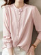 Women Plain Stand Collar Button Up Long Sleeve Shirt - Pink