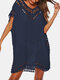 Women Hollow Out V-Neck Thin Sun Protection Dress Beach Cover Up - Navy