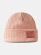Unisex Solid Cotton Knitted Striped Color Contrast Letters Patch All-match Warmth Brimless Beanie Hat - Orange Pink