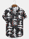 Mens Christmas Tree Printed Lapel Button Up Holiday Short Sleeve Shirts - Black