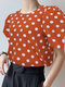 Women Polka Dot Print Crew Neck Casual Puff Sleeve Blouse - Orange