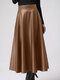Women Solid Color PU Leather Casual High Waist Skirt - Khaki