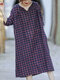 Plaid V-neck Half Sleeve Loose Vintage Dress For Women - Purple