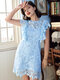 Lace Crochet Solid Hollow Ruffle Sleeve Elegant Crew Neck Dress - Blue