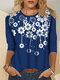 Flower Print O-neck Long Sleeve Casual Women T-shirt - Blue