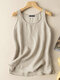 Solid Round Neck Sleeveless Casual Cotton Tank Top - Beige