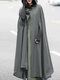 Women Solid Color Button Design Hooded Cloak Coat - Gray