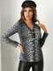 Leopard Print Button V-neck Long Sleeves Casual Blouse - Gray