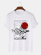 Mens Japanese Floral Landscape Graphic Crew Neck Short Sleeve T-Shirts Winter - White
