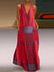 Summer Plaid V-neck Sleeveless Plus Size Maxi Dress - Wine Red