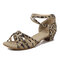 Women Comfy Ballroom Tango Latin Dance Shoes Buckle Low Heel Sandals - Leopard