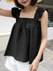 Solid Square Collar Ruffle Short Sleeve Women Blouse - Black