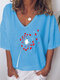 Hearts Flower Print Half Sleeve Casual T-shirt For Women - Light Blue