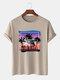 Mens Coconut Tree Landscape Print Cotton Short Sleeve T-Shirts - Khaki