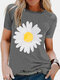 Short Sleeve Flower Print O-neck Casual T-shirt For Women - Grey
