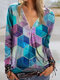 Geometric Printed Long Sleeve V-neck Zip Front Blouse For Women - Blue