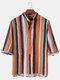 Mens Colorful Striped Oil Print Breathable Light 3/4 Sleeve Henley Shirts - Orange