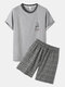 Mens Deer Letter Print 100% Cotton Pajamas Sets With Plaid Shorts - Gray