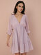 Tiered Solid Open Back 3/4 Sleeve Deep V-neck Midi Dress - Pink
