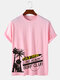 Mens Coconut Tree Letter Print Cotton Short Sleeve T-Shirts - Pink