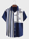 Mens Striped Patchwork Lapel Button Up Casual Short Sleeve Shirts - Dark Blue