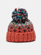 Women Knitted Thickened Color-match Geometric Pattern Mixed Color Fur Ball Decorative Warmth Brimless Beanie Hat - Orange